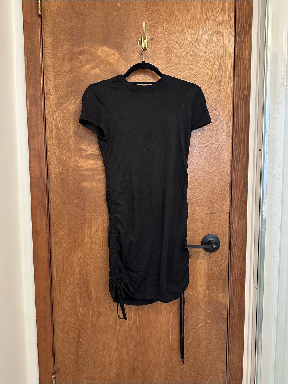 Black Short-Sleeve Ruched Side Dress